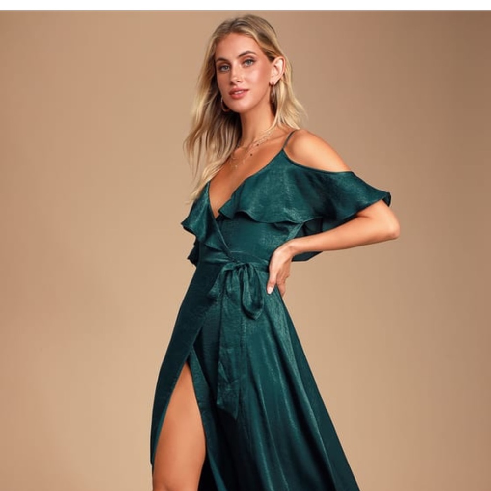 Lulus Moriah Emerald Green Satin Wrap Maxi Dress!